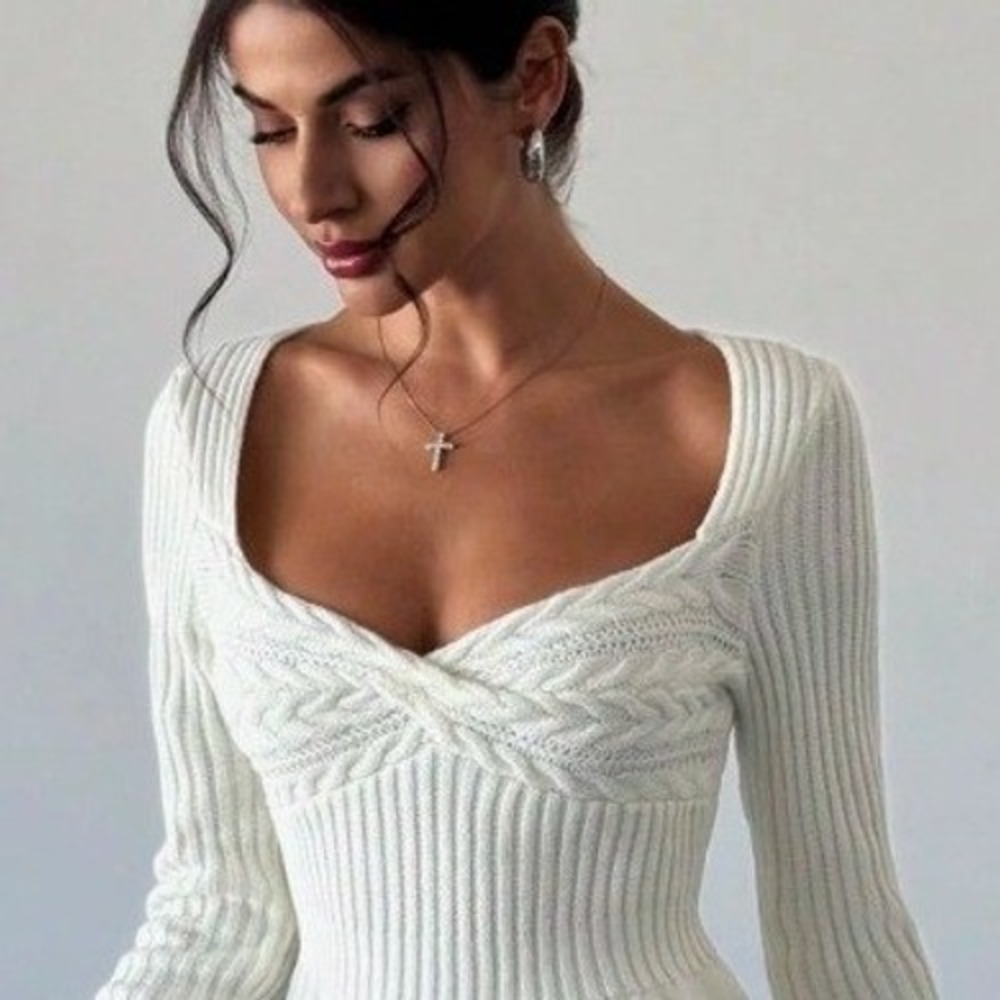 SHEIN Knotted Front Sweater Bodycon Mini Dress Women S White Brunch Stretch Cozy
